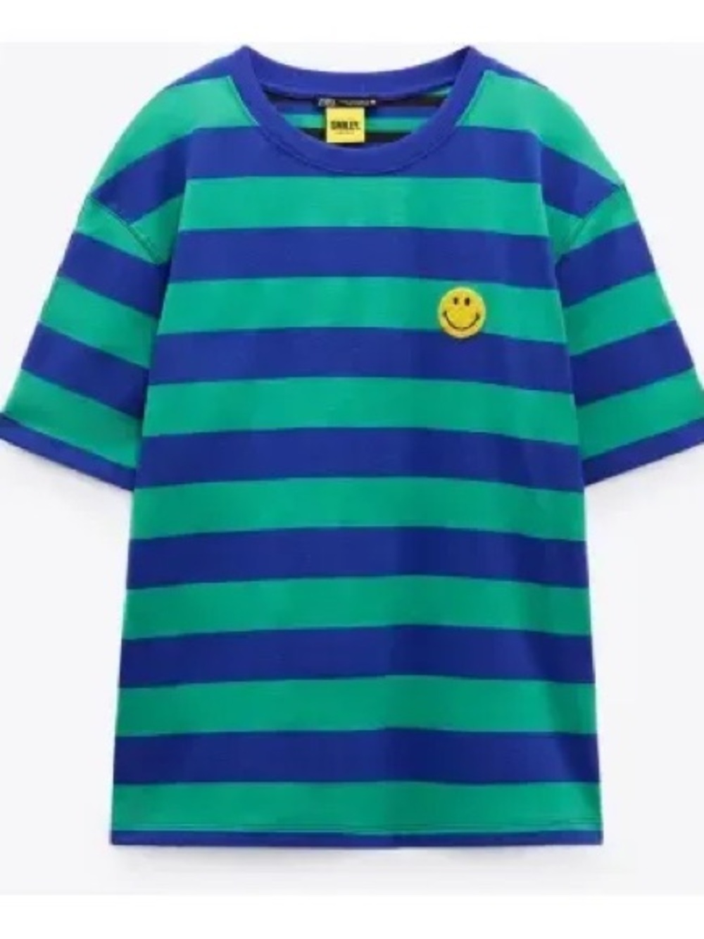 Zara x Smiley Blue and Green Striped Short Sleeve Tee with Smiley Patch